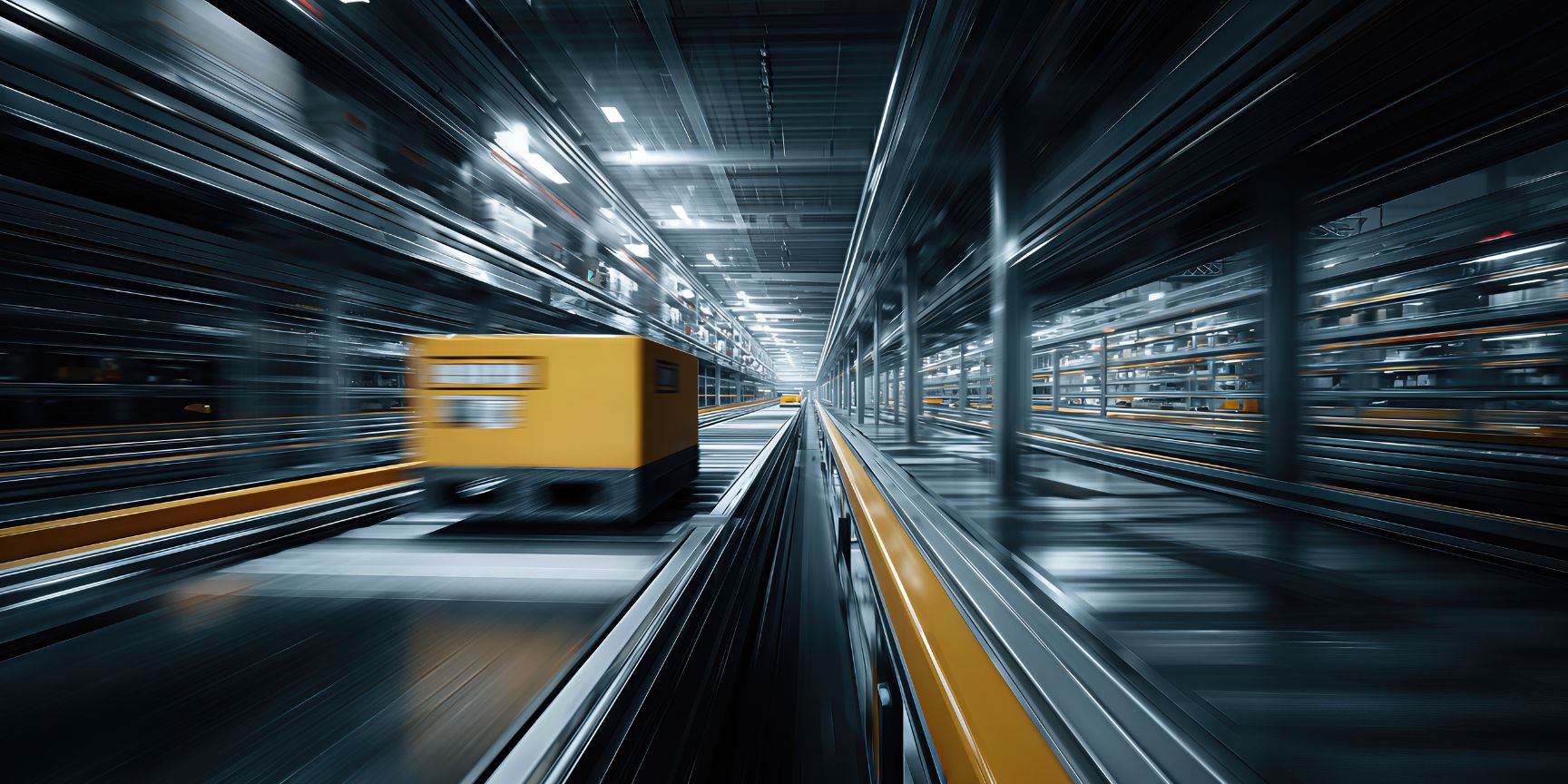 Modern, automated shuttle system in a high-bay warehouse that transports pallets and containers on several levels to demonstrate efficient intralogistics and high storage density.